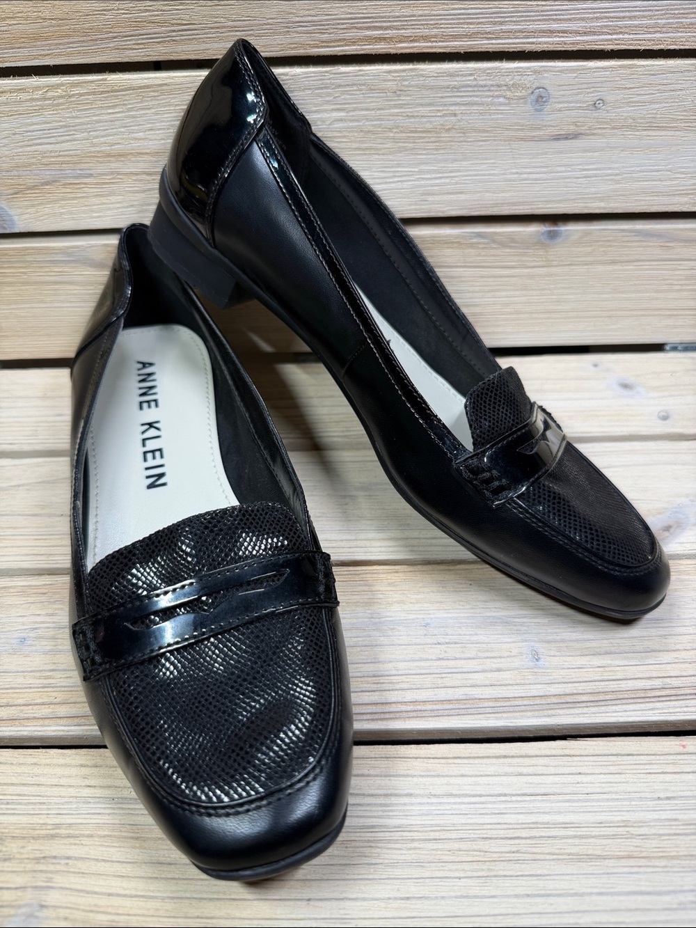 Anne Klein ROMY Black Patent & Textured Leather Loafers